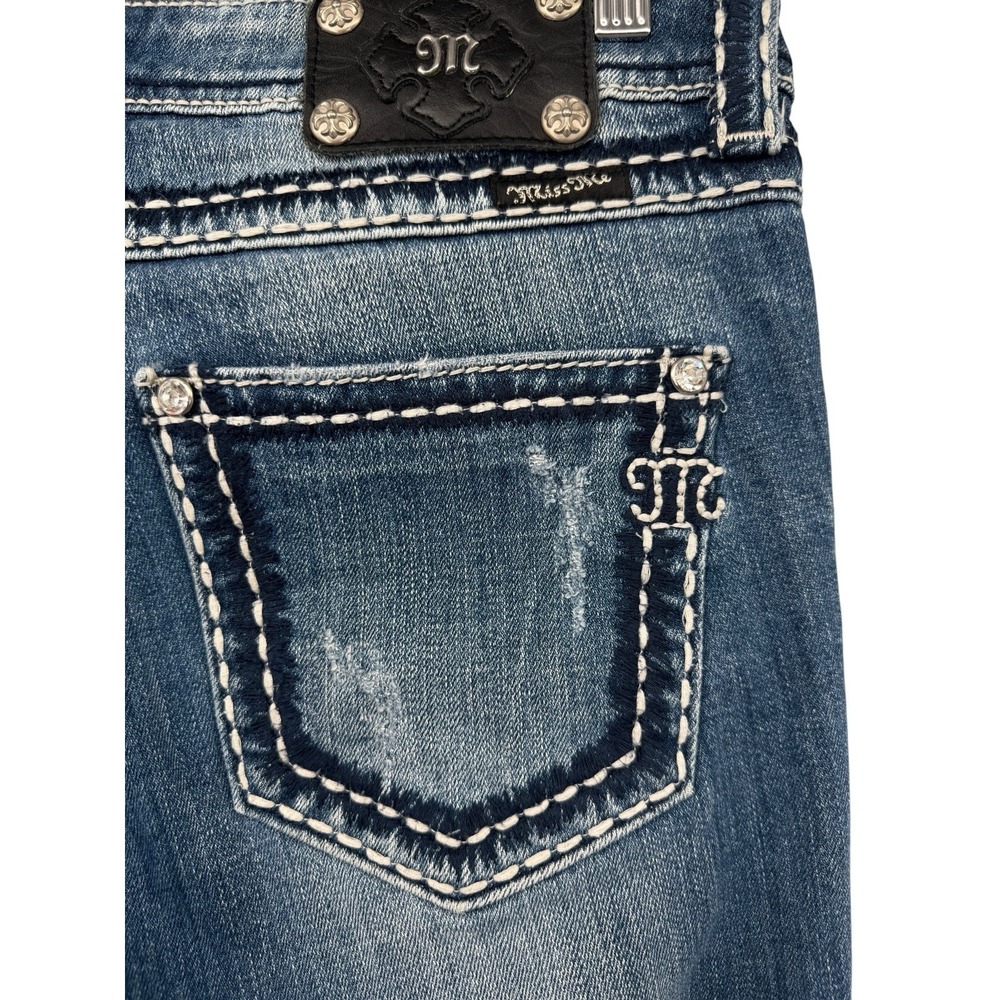 Miss Me Boyfriend Crop Jeans Women 27 Blue Distressed Stretch Denim Thick Stitch